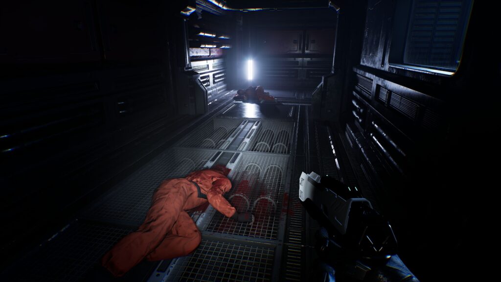 Species: Unknown - wielding a pistol, the player finds dead crewmates in a poorly lit spaceship corridor