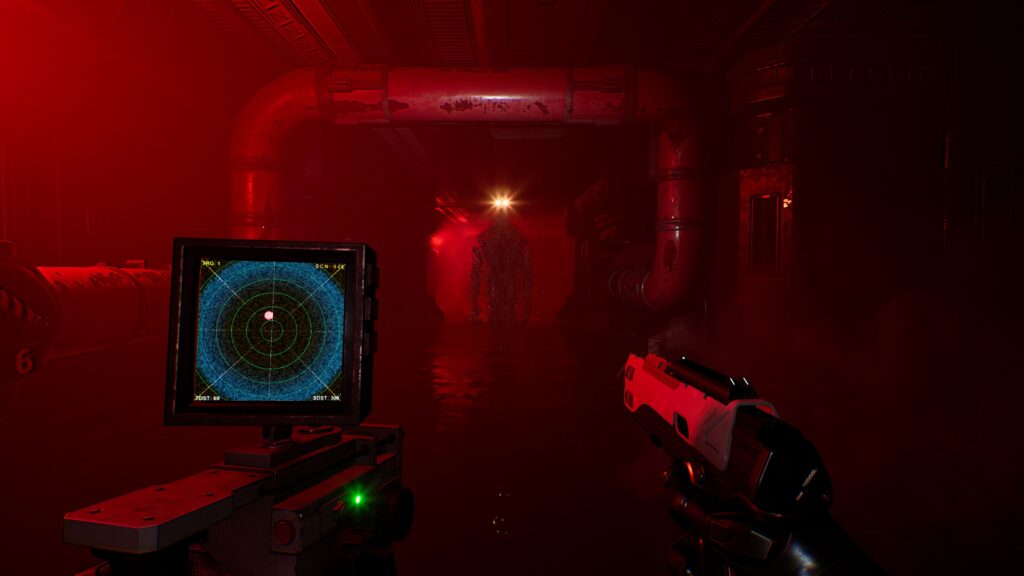 Species: Unknown - while using a pistol and a motion tracker, the player is aproached from the front by an shadowy ethereal humaniod creature with bright yellow eyes in a waterlogged section