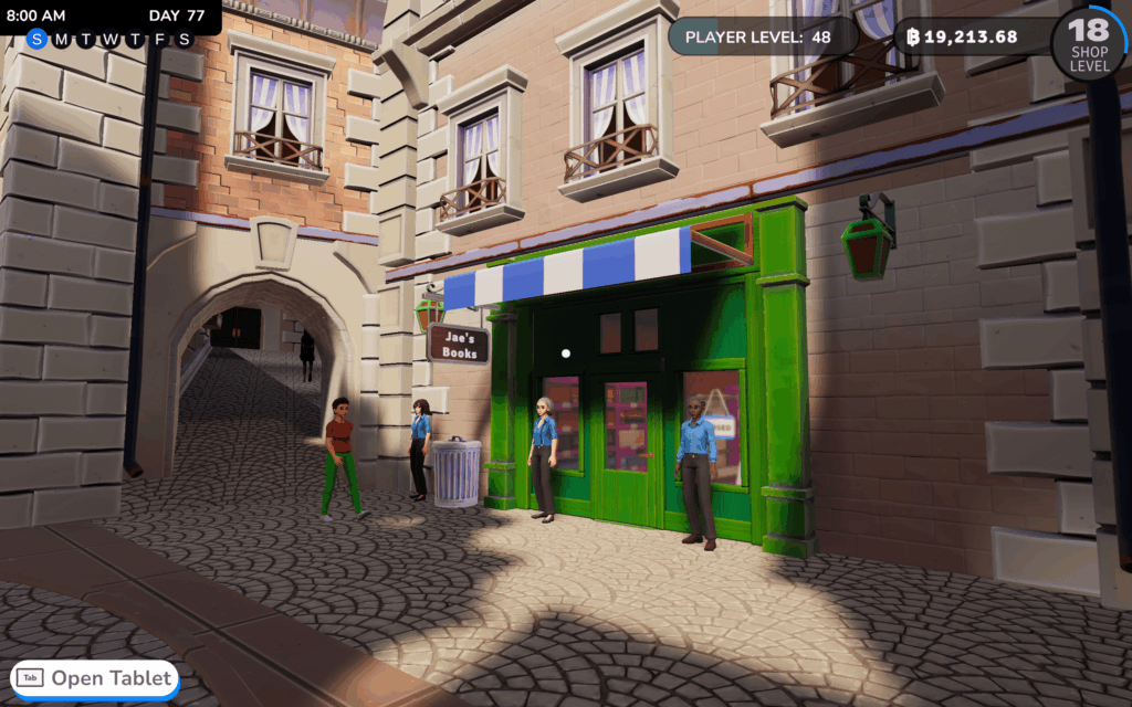 A view of the exterior of the starter shop in Bookshop Simulator with a shop sign reading Jae's Books.