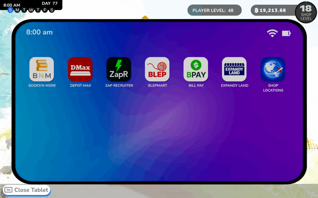 The main menu screen for the tablet in Bookshop Simulator