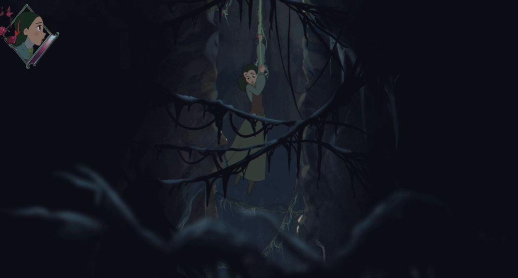 Lana from bye sweet carole falling down a hole that is dark and full of tree roots and vines. 