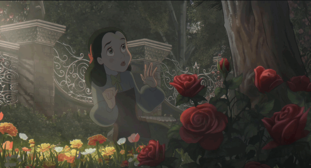 Lana from Bye sweet carole in a garden filled with red roses dappled in sunlight.