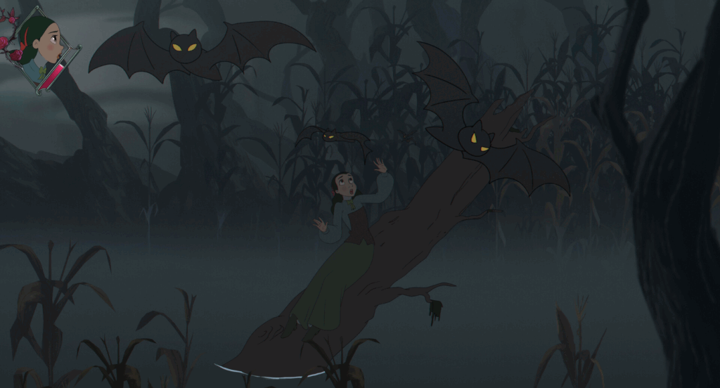 lana from bye sweet carole surrounded by bats in a swamp. The image is eerie and spooky. 