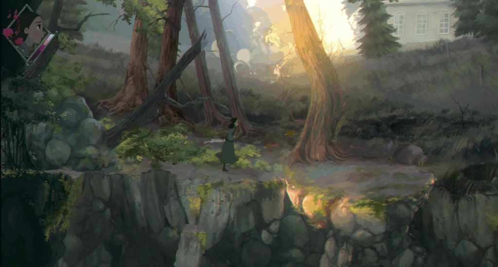 lana from bye sweet carole runing through a sun dappled forest, screen grab from nintendo switch