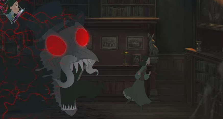 lana from bye sweet carole being chased by a monster through a house. 