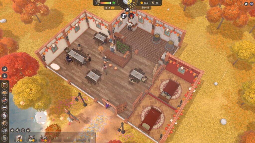 Inn Tycoon - an overhead view of an inn with a few tables and two bedrooms