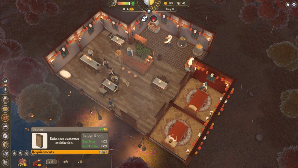 Inn Tycoon - an overhead view of an inn with a few tables and bedrooms at night time