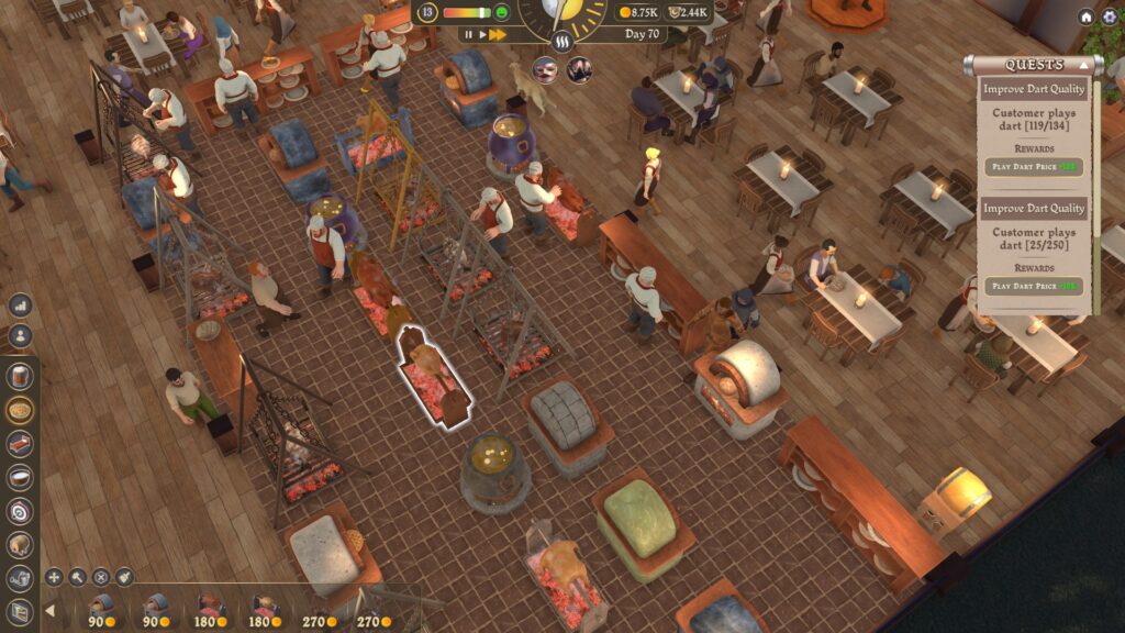 Inn Tycoon - an overhead view of an inn kitchen with all the stations manned by chefs