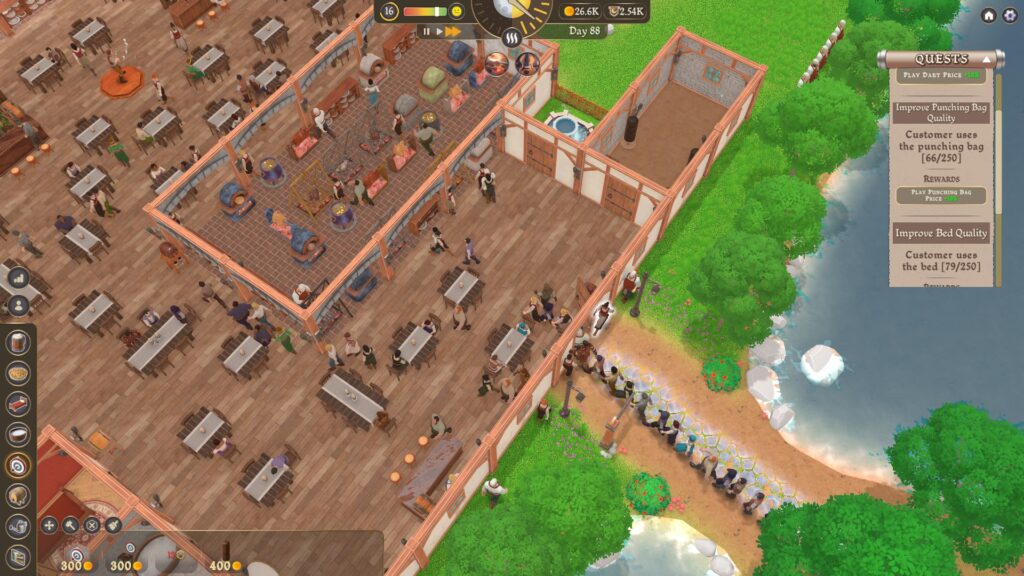 Inn Tycoon - an overhead view of an inn with lots of customers lining up outside