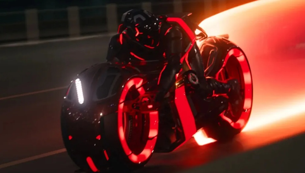 Tron: Ares - Ares driving a Light Cycle with a big red light line behind him
