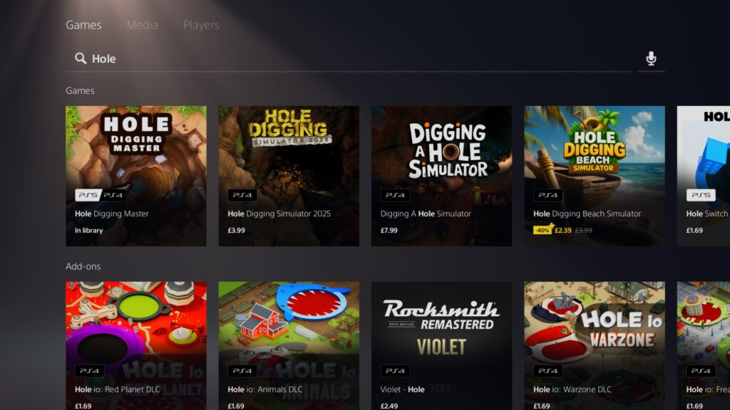 A screen shot of the PlayStation Store showing a selection of digging simulator games