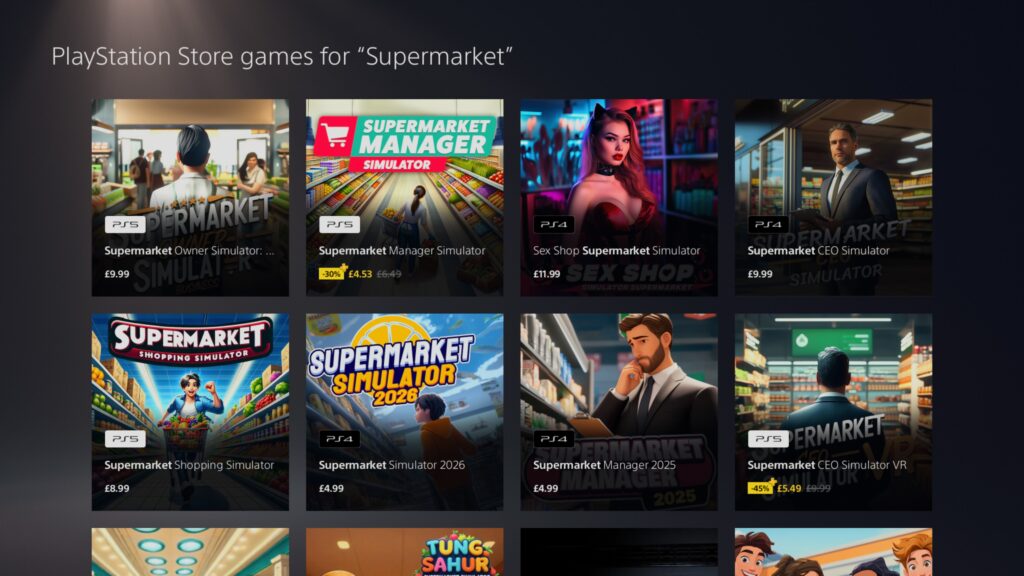 A screen shot of the PlayStation Store showing a bunch of supermarket clones