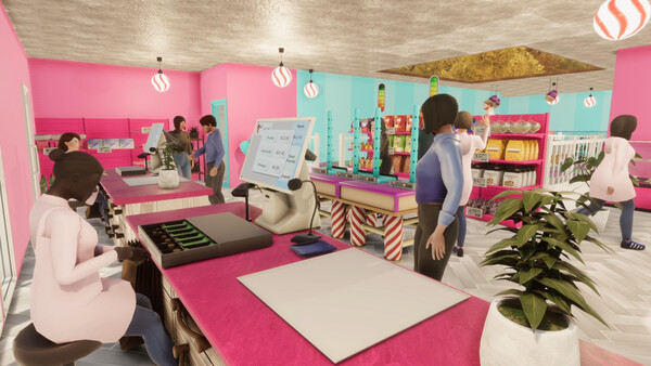 Candy Shop Simulator screenshot showing a store that is heavily decorated in pink and a lady in blue approaching a cash register.