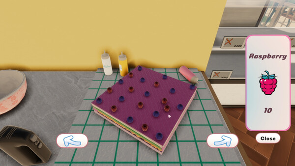 Candy Shop Simulator screenshot showing a purple cake with berries on the top from the cake creation screen.