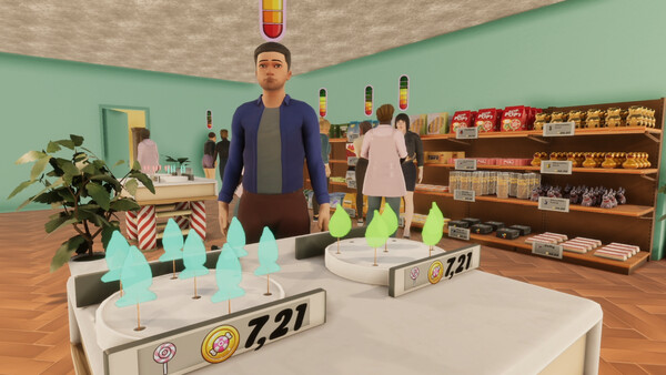Candy Shop Simulatorscreenshot showing how the game represents a man's interest in some lollypops using a heat bar above his head.