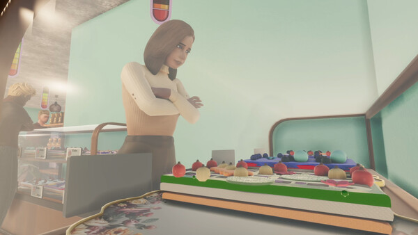 Candy Shop Simulator screenshot showing a lady looking at some cakes in a glass display case.