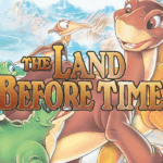 the land before time logo with young animated dinosaurs in the background