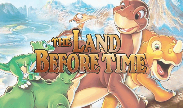 the land before time logo with young animated dinosaurs in the background