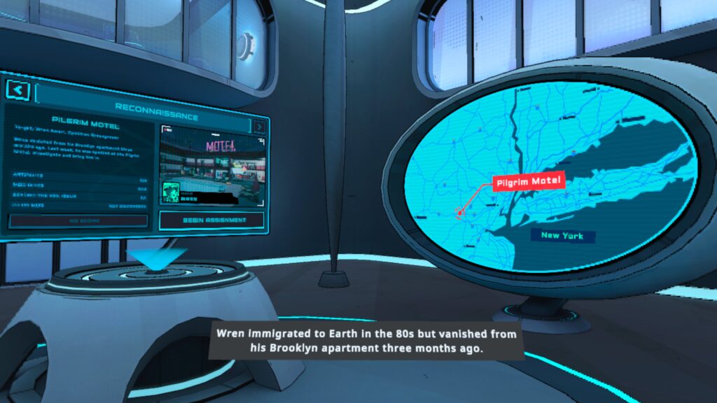 A futuristic office space showing the monitor and a map on a screen - Men In Black Most Wanted