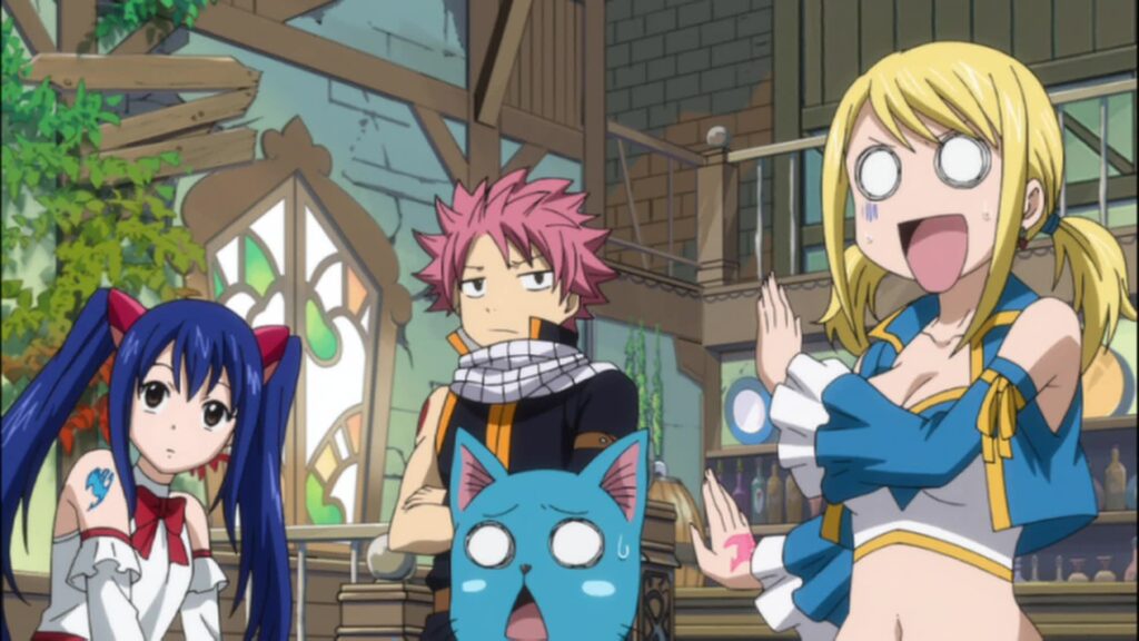 Lucy and Happy with derp face, while Wendy and Natsu just stares - Fairy Tail
