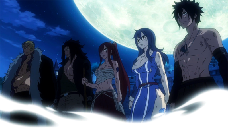 Fairy Tail Guild Members, left to right
Laxus, Gajeel, Erza, Juvia, Grey - Fairy Tail