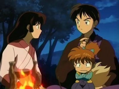 Sango, Miroku and Shippo talking by the fire - Inuyasha