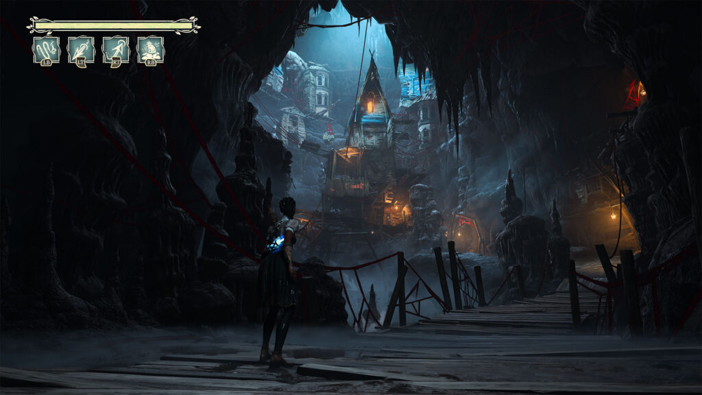 Gameplay view, Hazel arriving at Huggin Molly's lair - South of Midnight