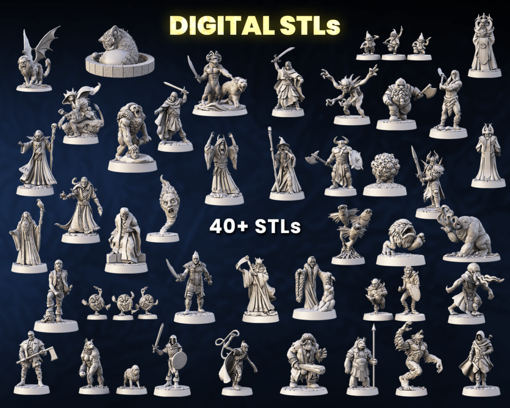 Fighting Fantasy digital stls showing creatures and heoes of all different class and size