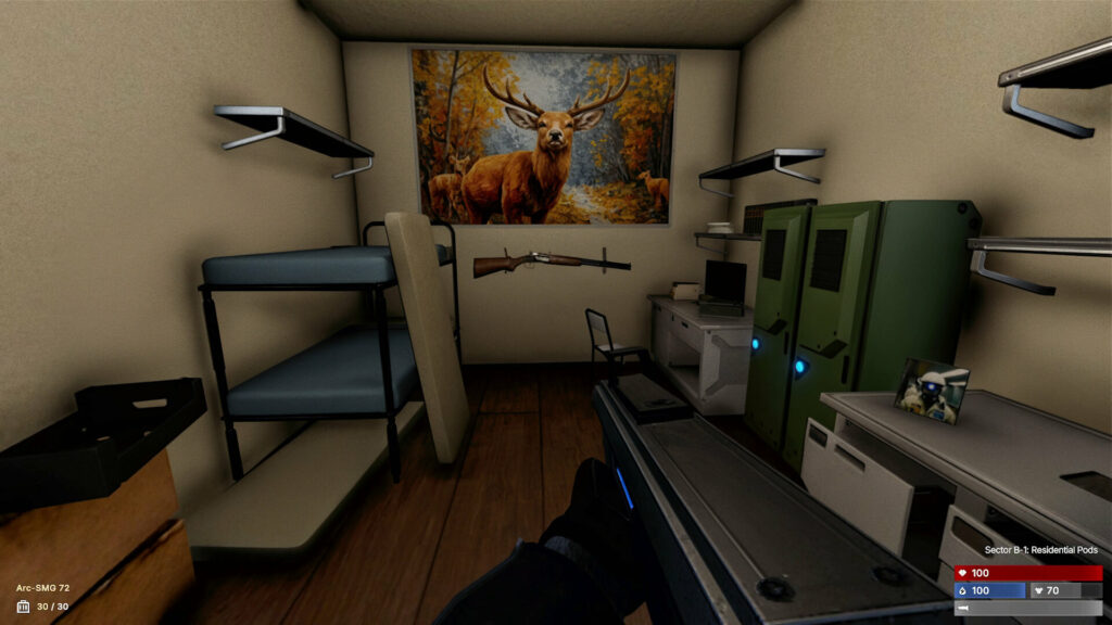 Hell of Fear: Mind Breach. a hunting rifle hangs on the wall on shared dormatory with a deer portrait drawing focus