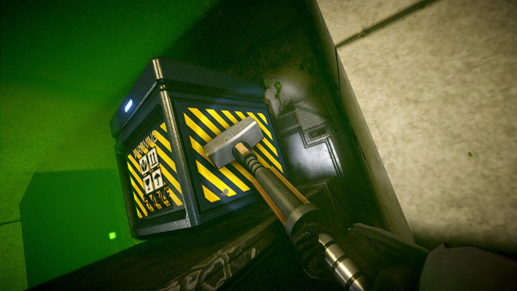 Hell of Fear: Mind Breach. the player swinging a mallet to break open a crate