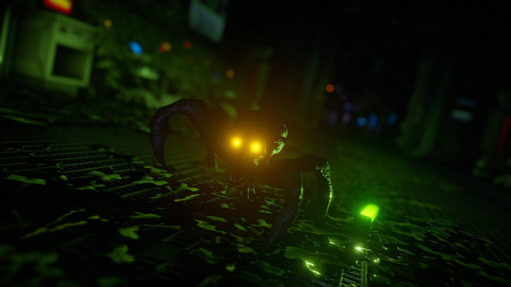 Hell of Fear: Mind Breach. a small creature resembling a human head with yellow eyes on spider like legs, lit by a green glowstick on the floor