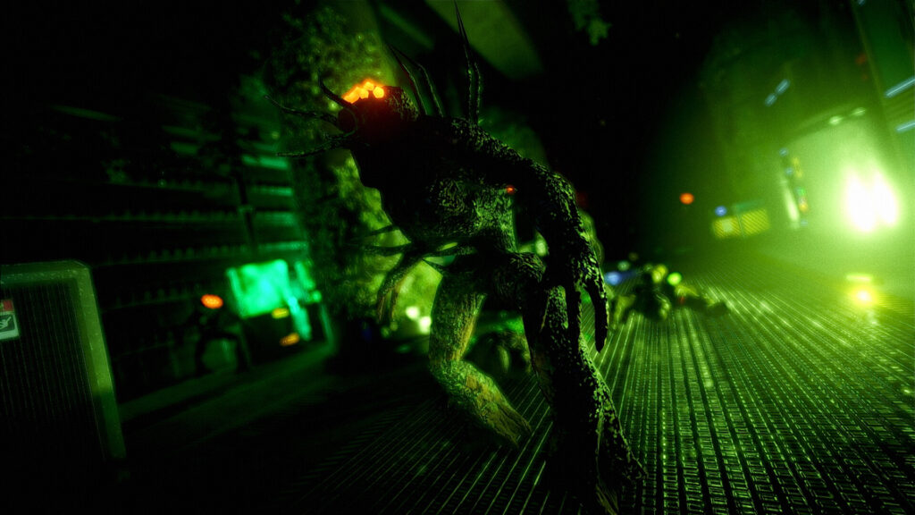 Hell of Fear: Mind Breach. a humaniod creature with multiple orange eyes and spiky protusions, is lit by a green light from the environment
