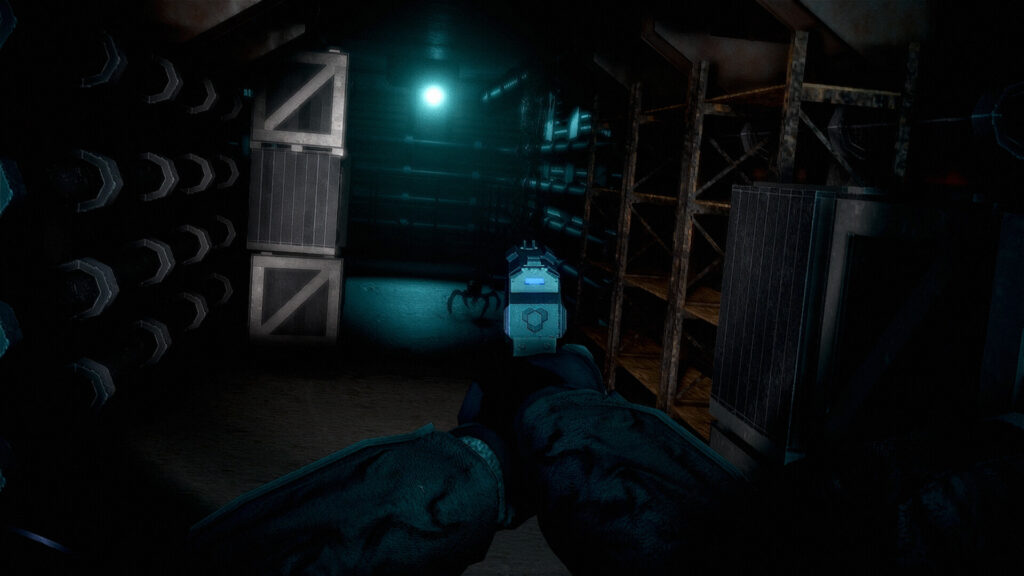 Hell of Fear: Mind Breach. First person aiming of a pistol in a dark industrial corridor with the shadow of a creature cast on the floor