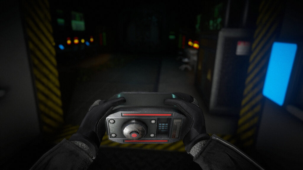Hell of Fear: Mind Breach. first person view, holding a laser trip mine in a dark lab location