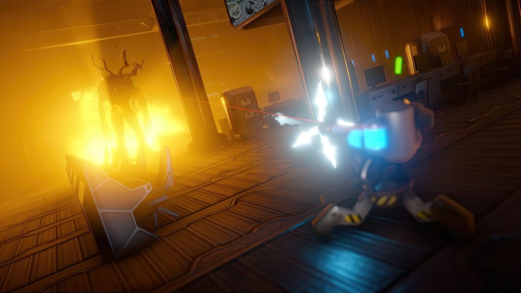 Hell of Fear: Mind Breach. An automated turret is firing upon a huge boss. Silhouetted by fire in the background