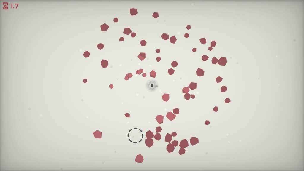 An early game screenshot showing a tiny black hole surrounded by small brick-red asteroids. A timer in the top left shows 1.7 seconds remain.
- A Game About Feeding A Black Hole