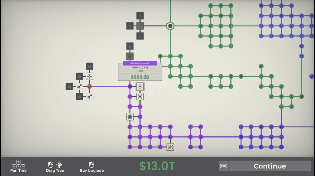 The upgrade grid for the game, colour coded for various sections with greyed out squares being unaffordable, and white squares showing what can be bought.
- A Game About Feeding A Black Hole