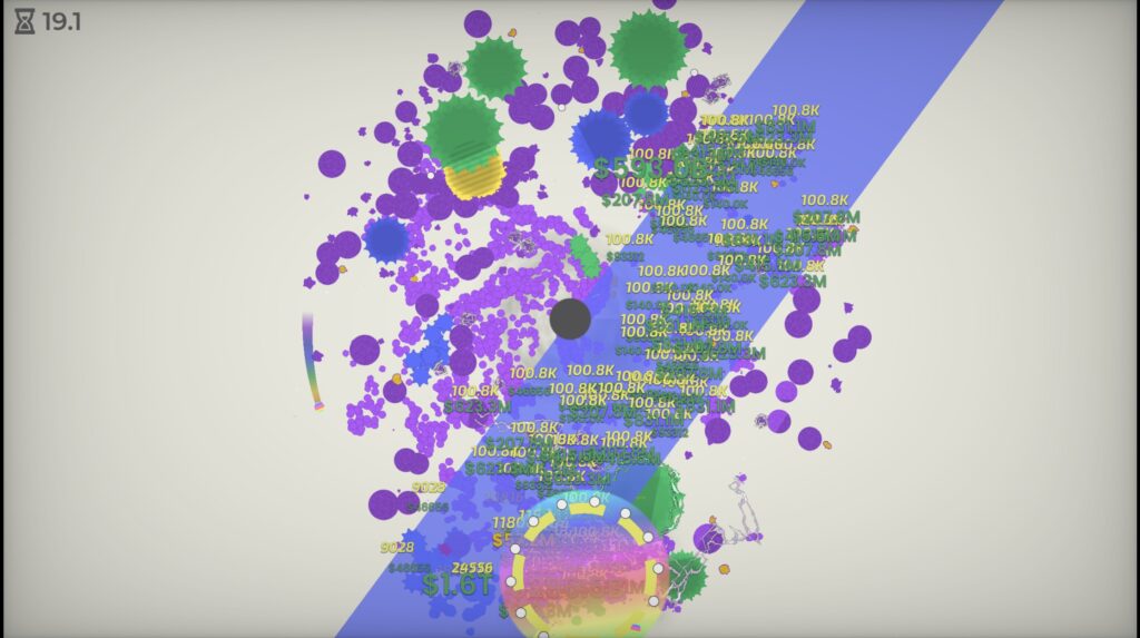A late game screenshot showing a wide variety of asteroids, planets and stars with lightning strikes, laser beams, and damage figures galore. There is a large variety in the colour of objects now.
- A Game About Feeding A Black Hole