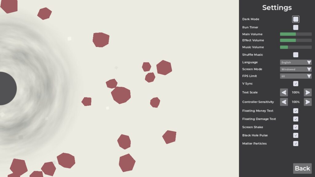 The settings menu laid out in a simple format down the right side of the screen, while to the left in the background is a screen showcasing the beginning of the game.
- A Game About Feeding A Black Hole