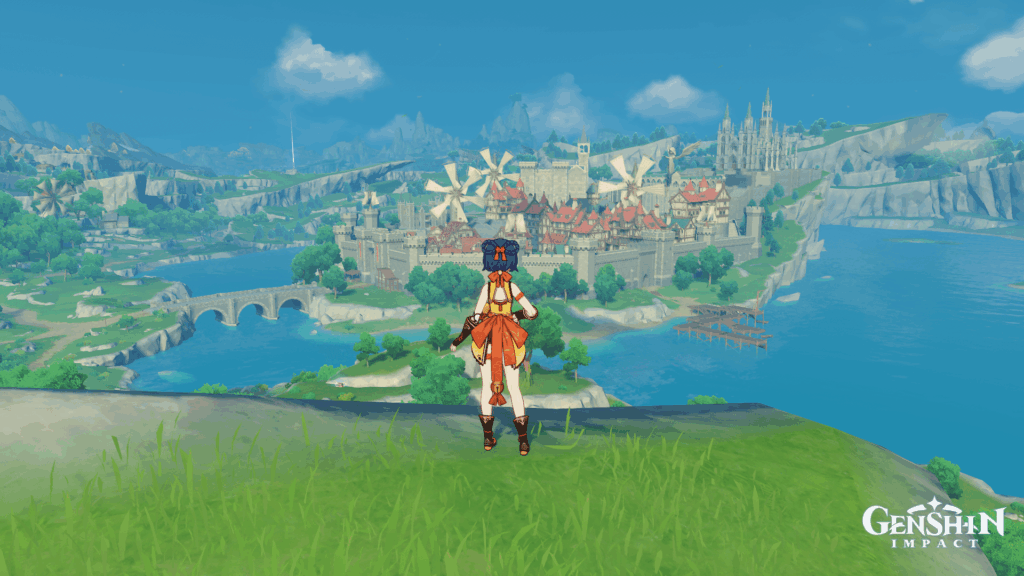 Overview of the city of Mondstadt, with character Xiangling, a pyro user - Genshin Impact