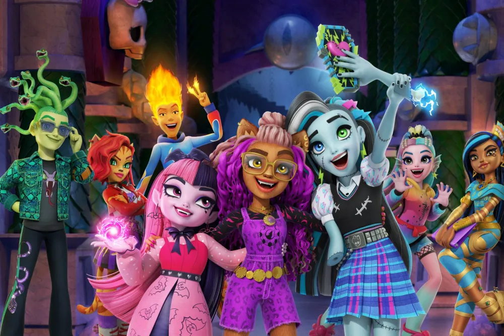 Monster High tv series  - reboots crash out
Left to right - Deuce, Toralei, Heath, Draculara, Clawdeen, Frankie, Lagoona and Cleo