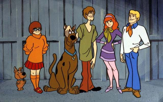 Scooby Doo tv series  - reboots crash out
Left to right - Scrappy-Doo, Velma, Scooby-Doo, Shaggy, Daphne and Fred