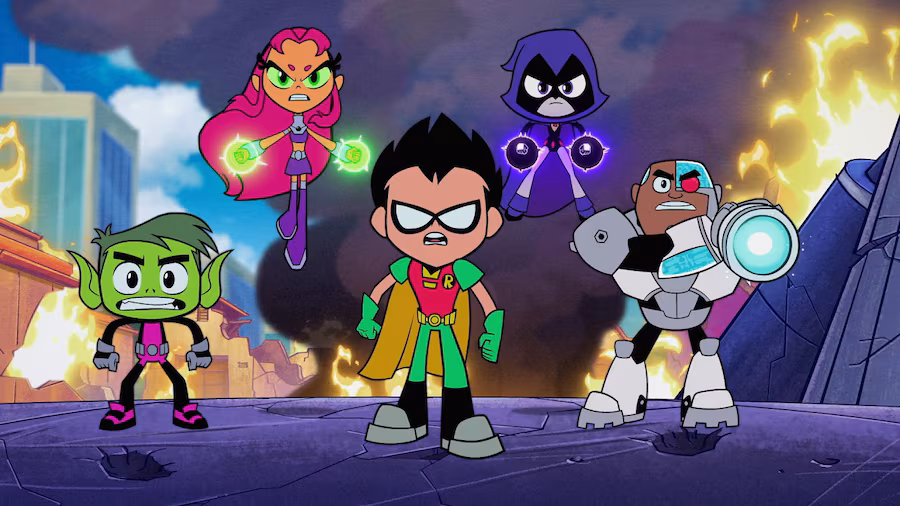 Teen Titans GO tv series  - reboots crash out
Left to right - Beast Boy, Starfire, Robin, Raven and Cyborg