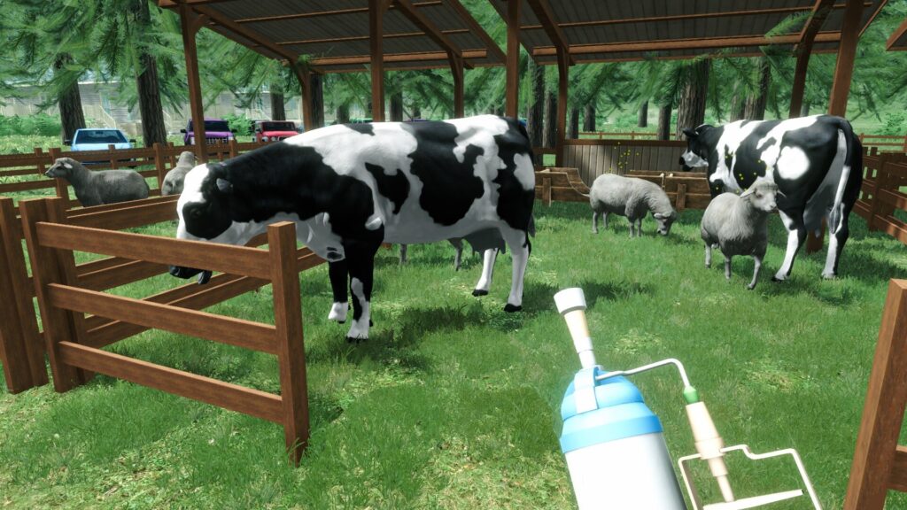 Ranch Farm & Store Simulator - cows and sheep in the pen as you get ready to milk them