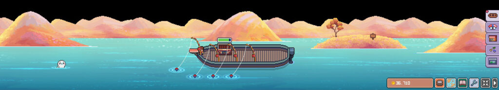 Fish To Dish: a seascape with a pixelated boat in an orange and yellow area