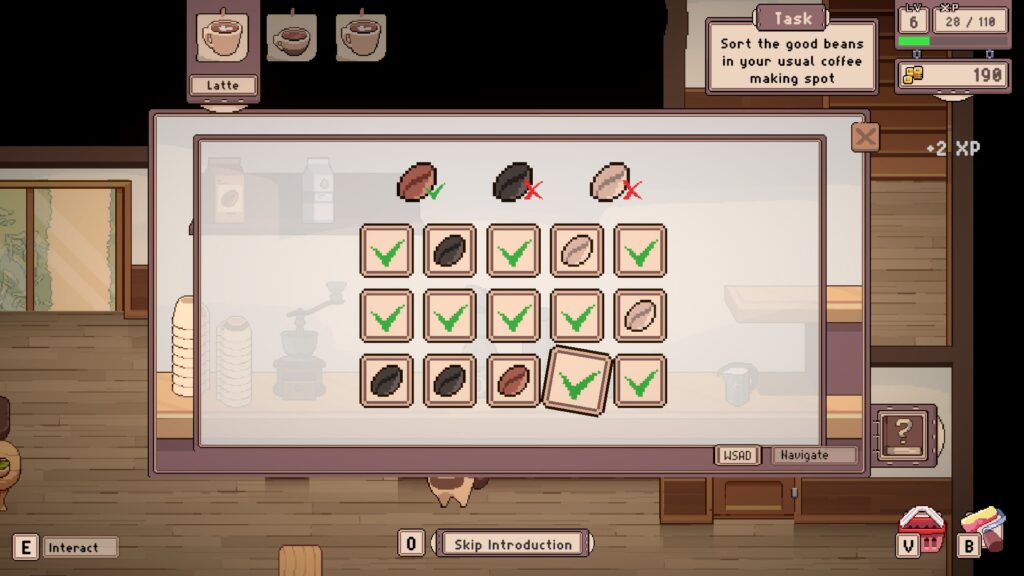Tailside: Cozy Cafe Sim - the coffee bean mini game where you pick out the good beans