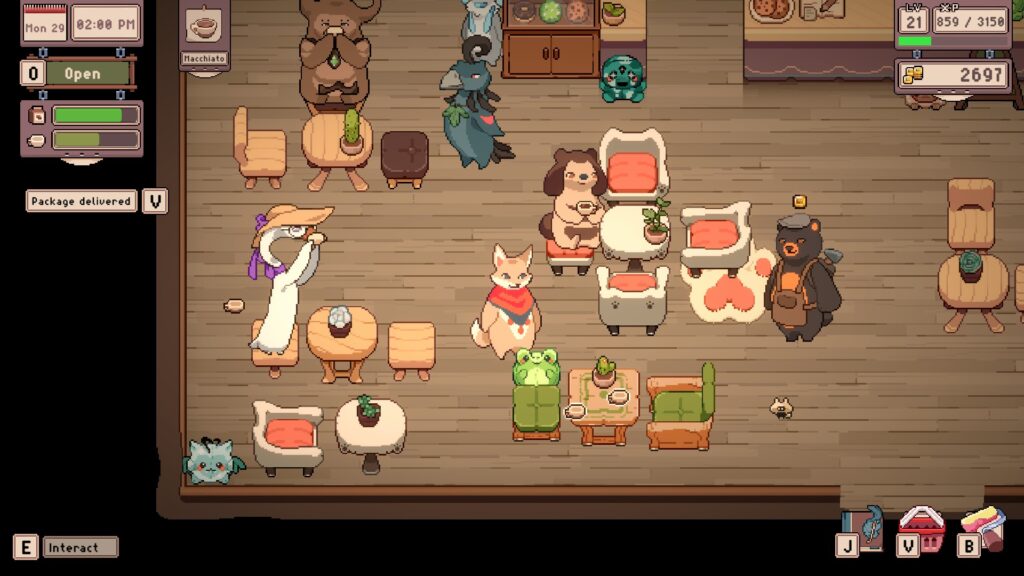 Tailside: Cozy Cafe Sim - a busy cafe with lots of cups on the tables and happy customers