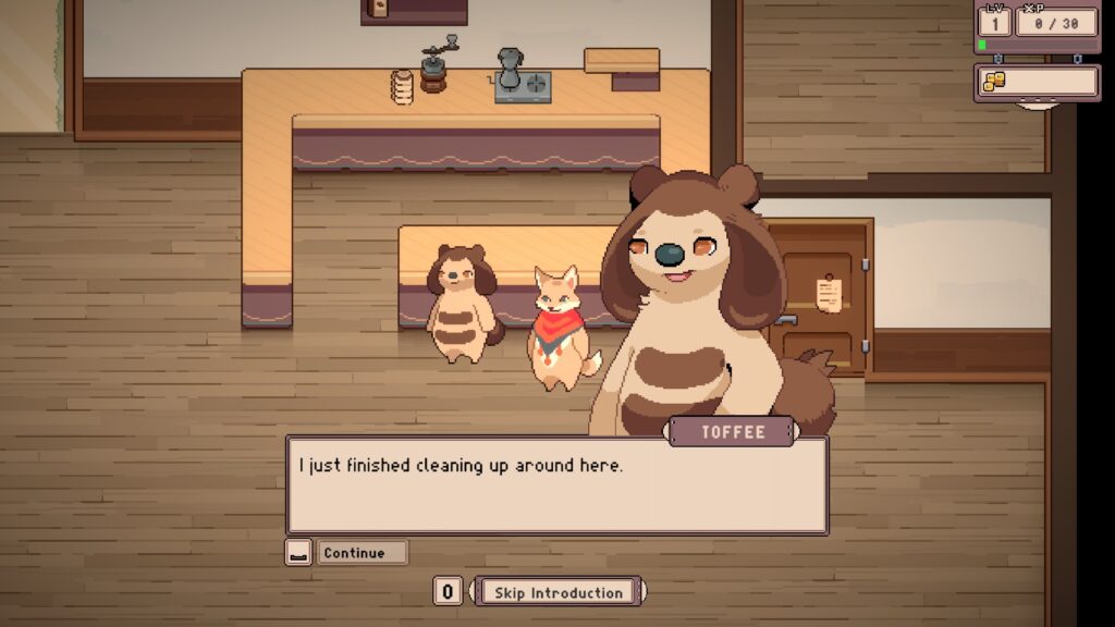 Tailside: Cozy Cafe Sim - Toffee introducing the tutorial with a visual novel style pop-up