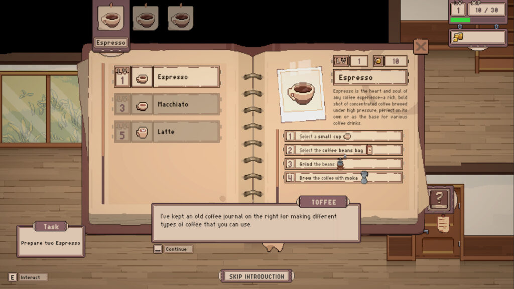 Tailside: Cozy Cafe Sim - a look at the recipe book and the steps to make espresso