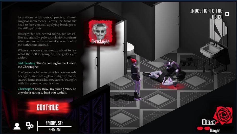 Vampire the Masquerade Heartless Lullaby - Diane comes across a grisly scene in club bathroom, a person is kneeling over another with blood around them